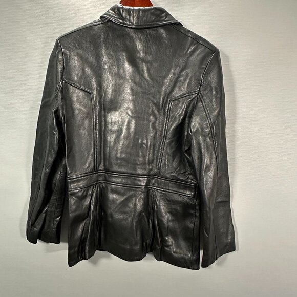 Kenneth Cole Jacket Womens Medium Black Leather Button Up Patch Pockets Lined - Picture 7 of 8